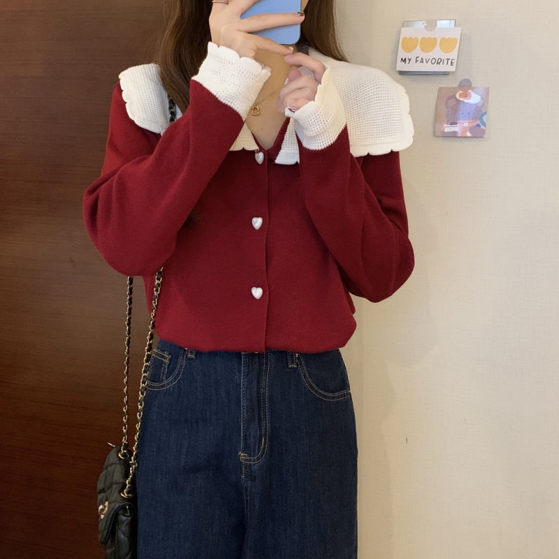 Micailin Áo Khoác Cardigan Dệt Kim Tay Dài Dáng Rộng Cổ Peter Pan Màu Tương Phản Retro Thu Đông Mới Cho Nữ
