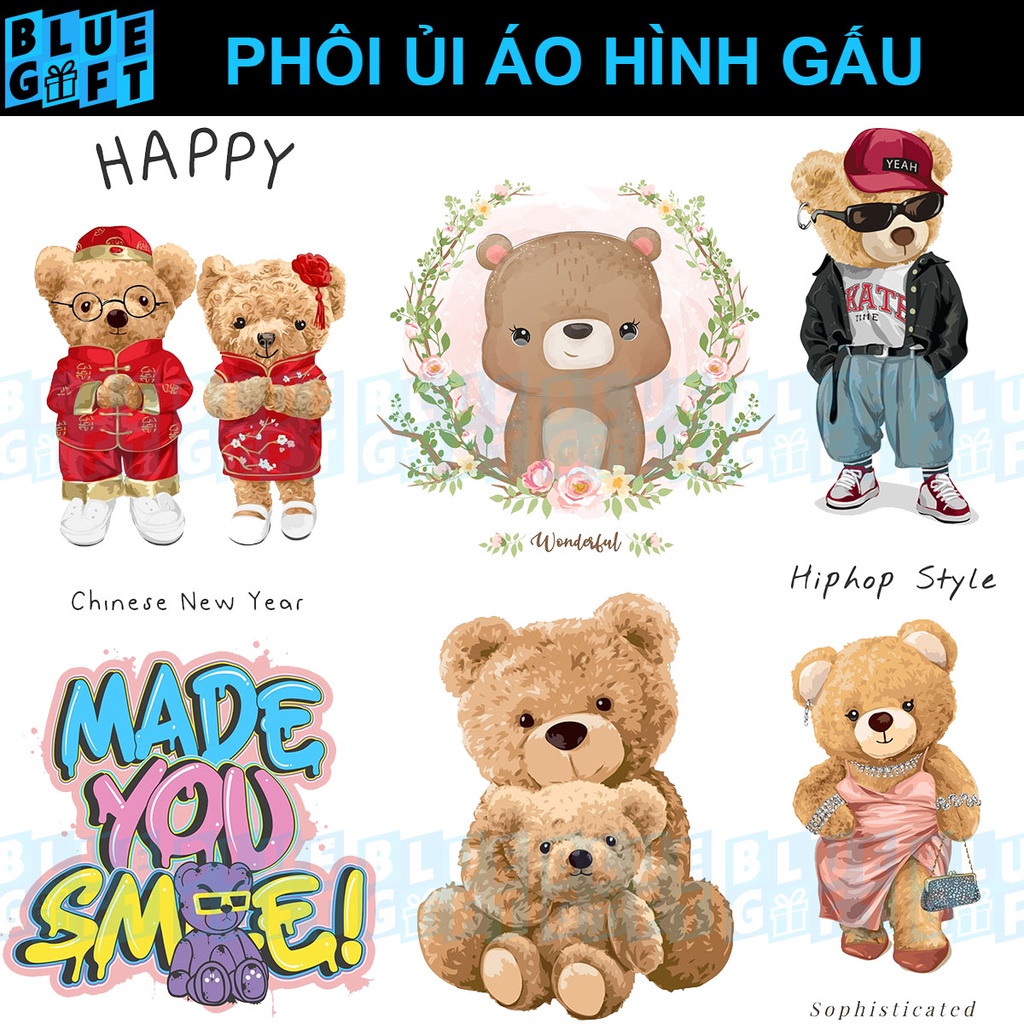 Pet In Ủi Áo Hình Gấu, Có In Hình Theo Yêu Cầu, Phôi Hình In Ủi Nhiệt Quần Áo G4 - Blue Gift
