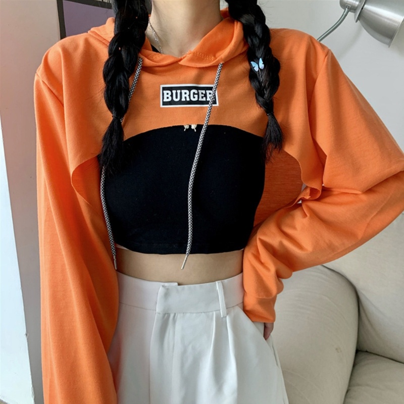 Xiangbao Áo Hoodie Crop Top Dáng Rộng Khoét Lỗ Hở Lưng Phối Dây Rút Gợi Cảm Cho Nữ