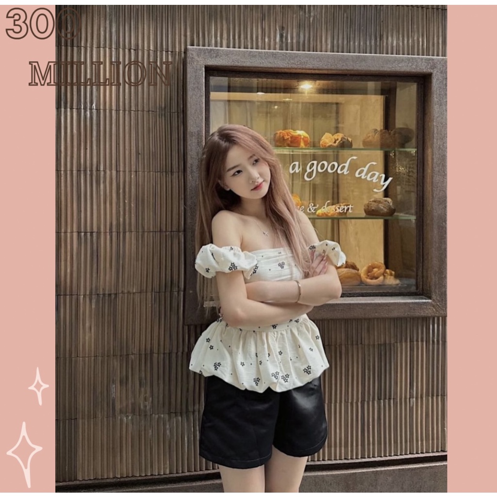 Áo cúp ngực tay bồng trễ vai xoè dúm ngực phong cách tiểu thư vải đũi xốp Hàn ( tay áo tách rời)
