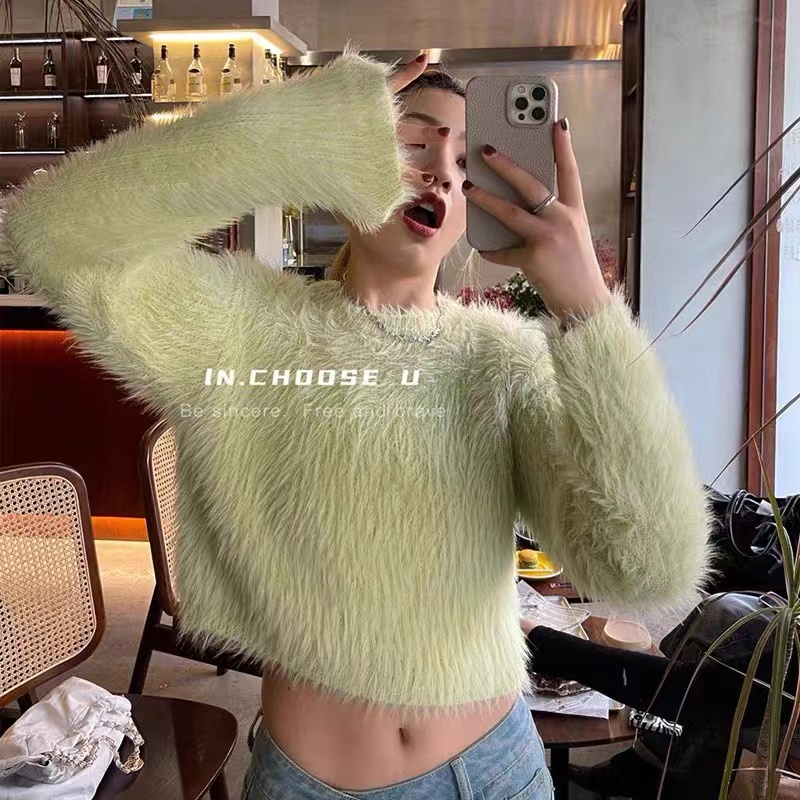 Áo Sweater Lông Chồn Màu Đen Dáng Ngắn Thời Trang Thu Đông 2022 Dành Cho Nữ