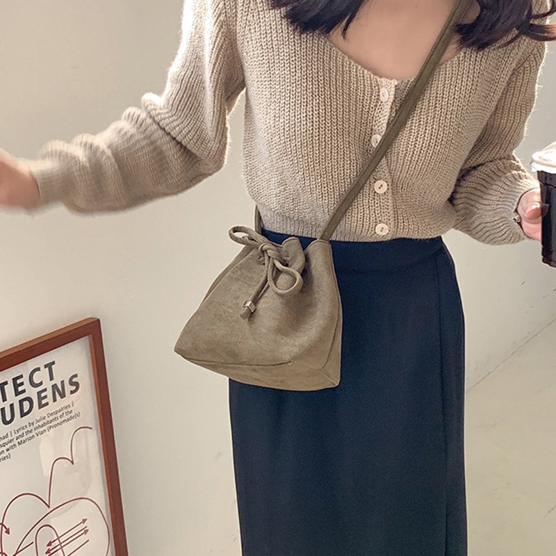Túi bucket mini Dây Rút Đa Năng Phong Cách retro Cho Nữ