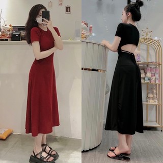 Đầm midi gân suông cổ tròn cutout lưng cột nơ 2 màu freesize Pumi