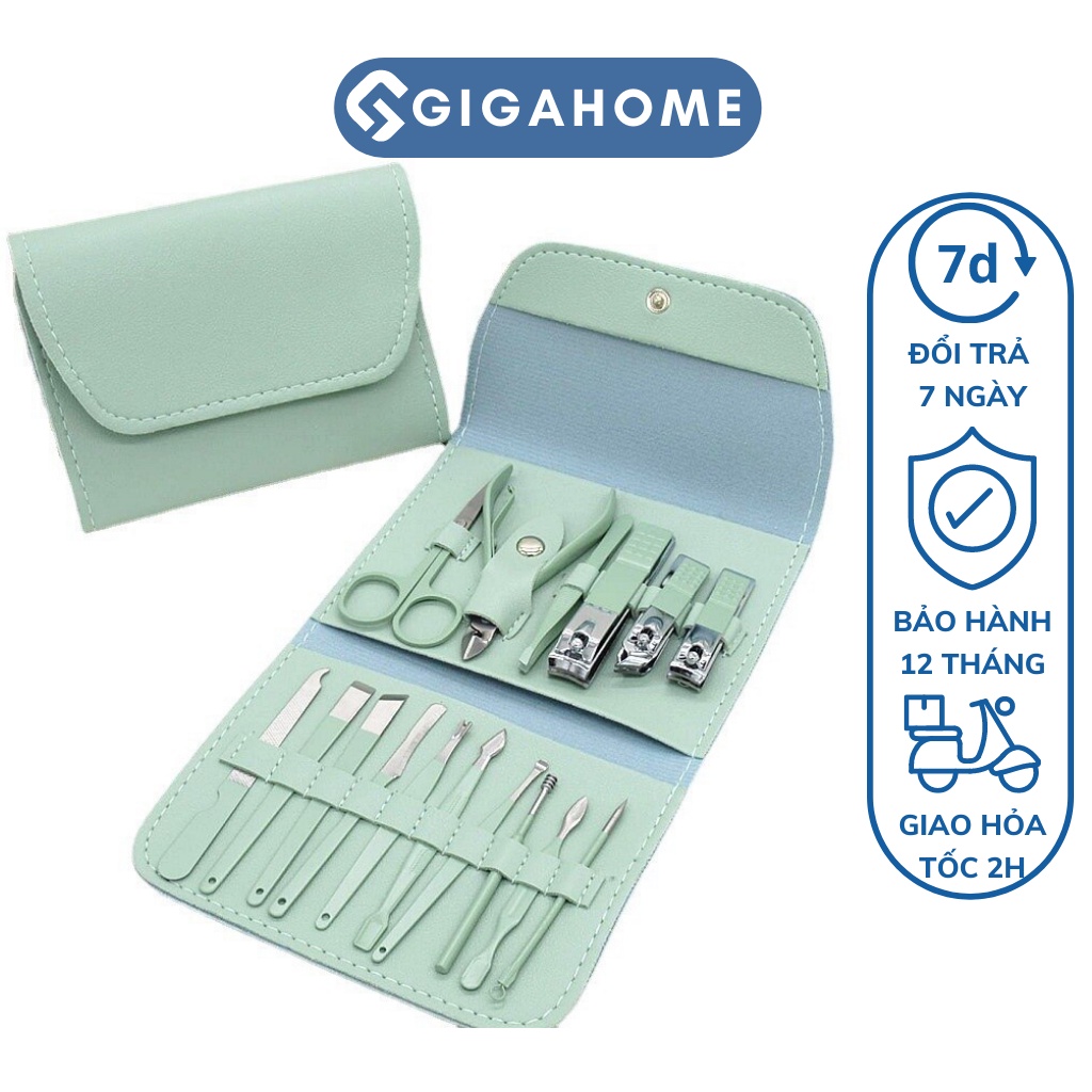 Bộ Dụng Cụ Bấm Móng, Cắt Dũa, Tỉa Lông Mày, Vệ Sinh Tai 16 Món Kèm Ví Da GIGAHOME 11000