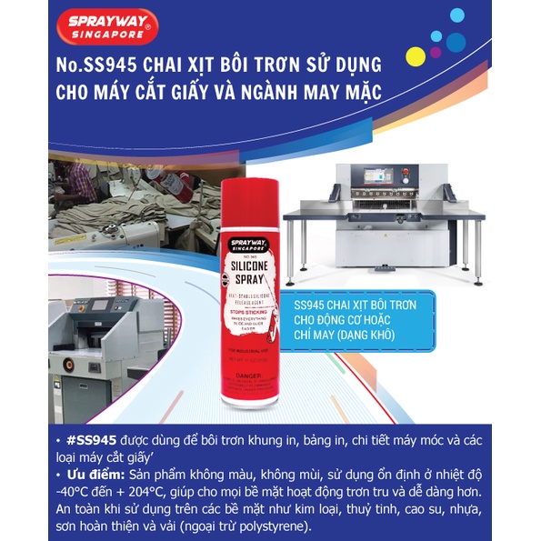 Silicone dùng để bôi trơn khung in, bảng in, máy cắt vải, chi tiết máy móc, các loại máy cắt giấy Sprayway 945 Singapore