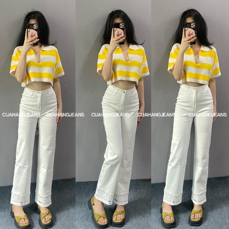 Quần jeans ống đứng nữ co giãn lưng cao màu trắng lai chữ Cuahangjeans (ảnh thật)