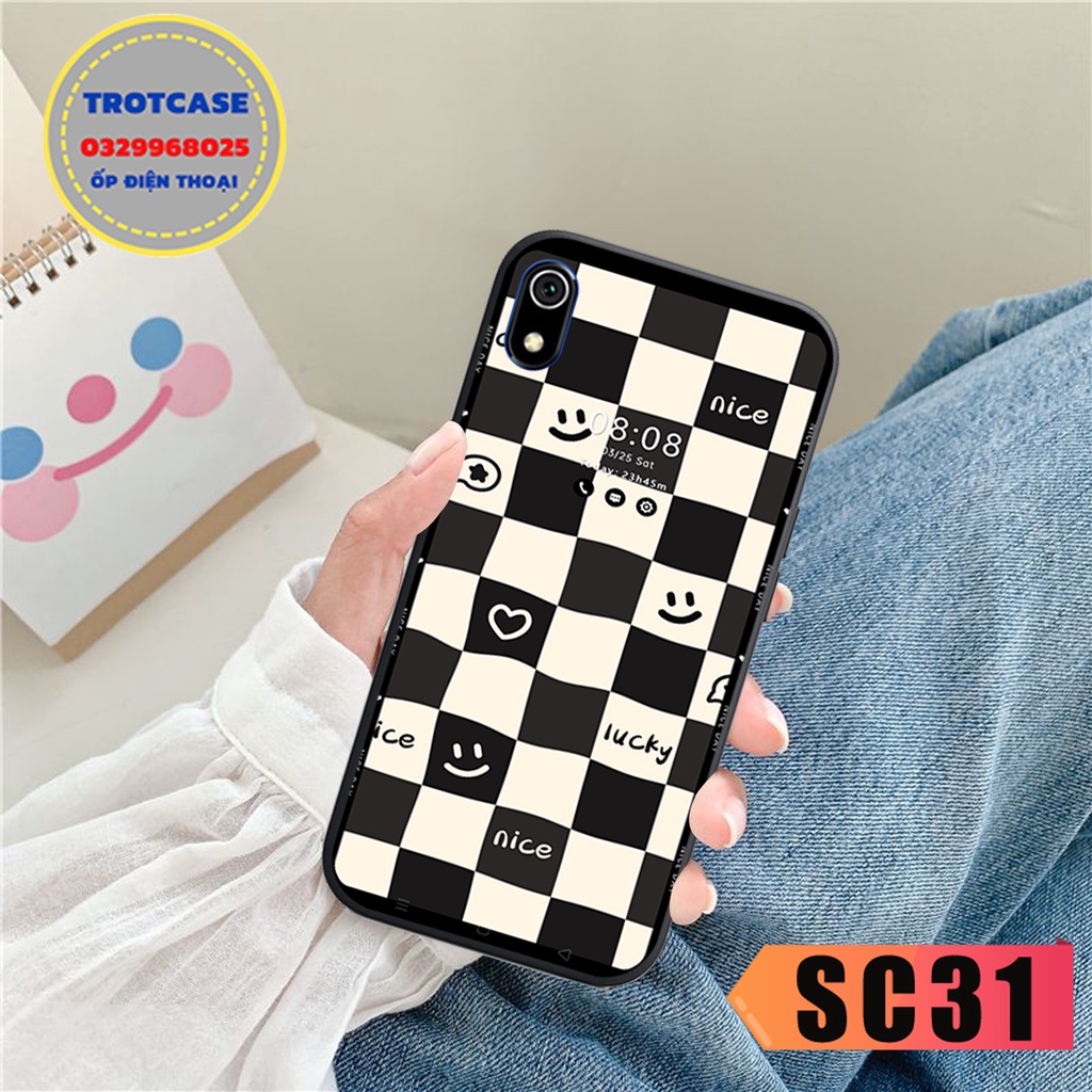 Ốp lưng Redmi 9A - Redmi 7 - Redmi 7A - ốp in họa tiết gấu hồng cute trái tim nền caro in 3d siêu đẹp cao cấp