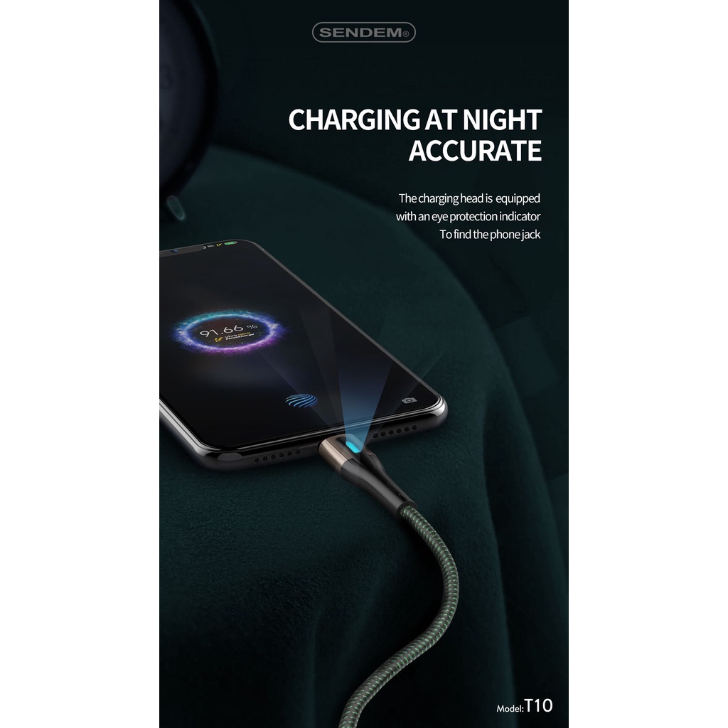 Cáp dữ liệu Sendem T10 6A bọc dù có đèn thở Chân Micro TypeC Trái Táo