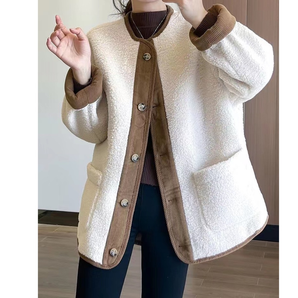 Áo Khoác Lông Cừu Dày Dặn Màu Sắc Retro Thời Trang Mùa Đông Cho Nữ