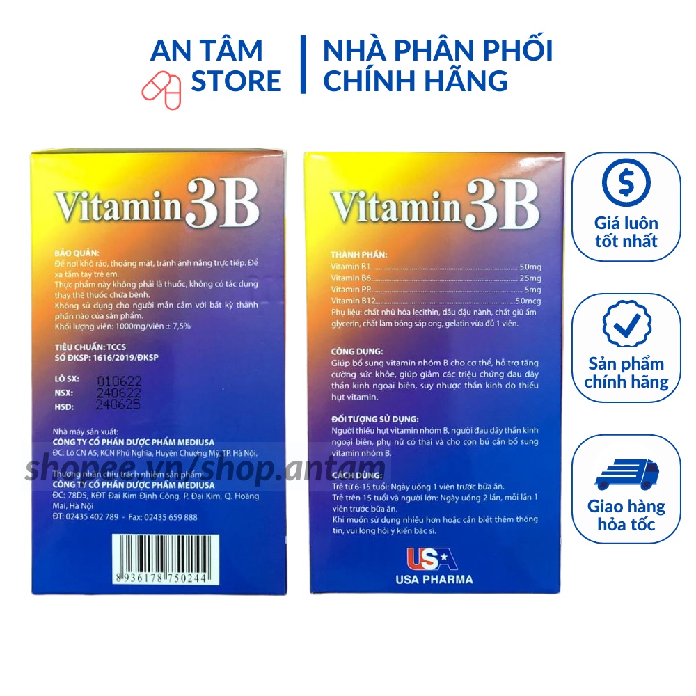 Viên Uống Bổ Sung Vitamin B ❤️CHÍNH HÃNG👍 Vitamin 3B ❤️ hỗ trợ bổ dây thần kinh, chống tê bì chân tay hộp 100 viên