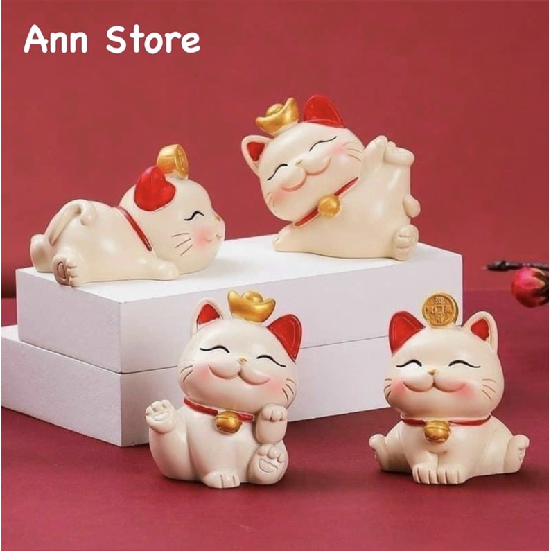 Set 4 mèo thần tài may mắn decor trang trí xe hơi , bàn làm việc ..