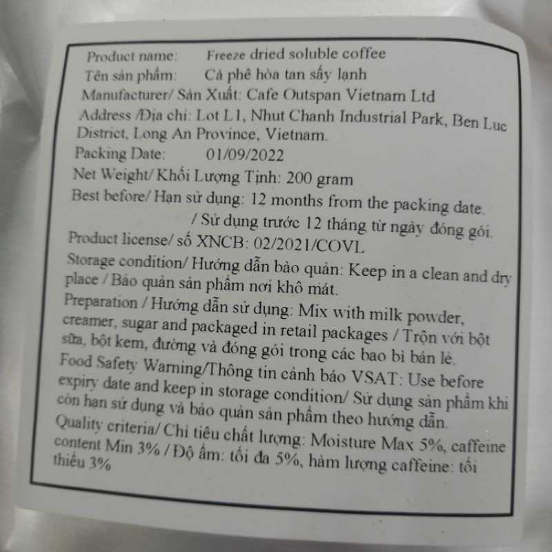 CAFE HOÀ TAN SẤY LẠNH XUẤT KHẨU LOẠI ĐẶC BIỆT TÚI 200G, CAFE NGUYÊN CHẤT HÃNG SINGAPOR
