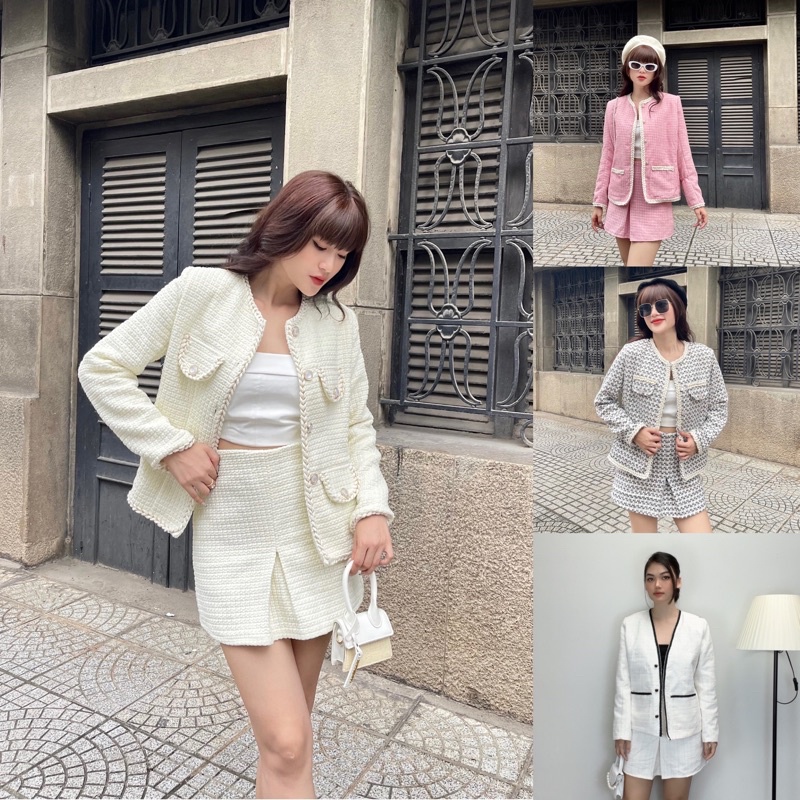 Set áo khoác vải bố dạ tweed cổ tròn mùa đông kèm chân váy hồng/kem/caro - Audrey studio