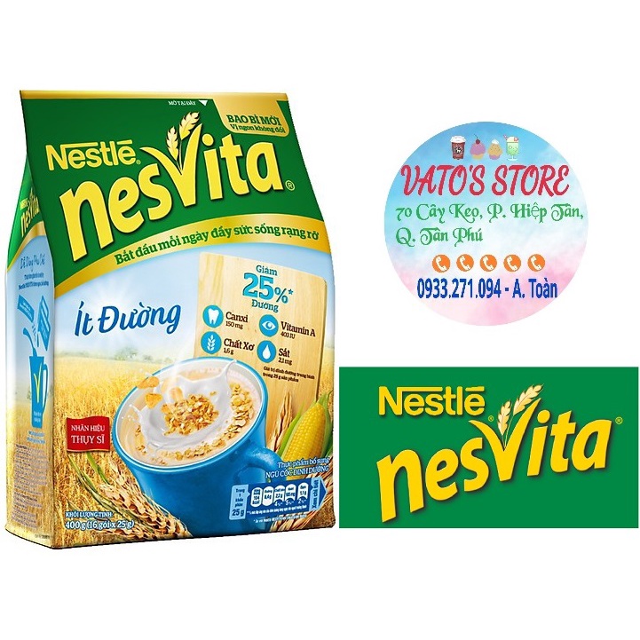 Combo 5 bịch Bột Ngũ Cốc Dinh Dưỡng NESVITA ít đường 400g (16 Gói x 25g) / Bột Ngũ Cốc Dinh Dưỡng NESVITA ít đường 400g