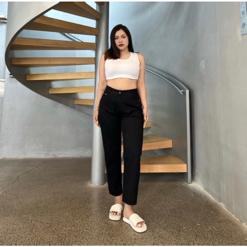 Quần Baggy Jean Đen/Xanh Nhạt Trơn Basic, Cạp Cao - Không Co Giãn