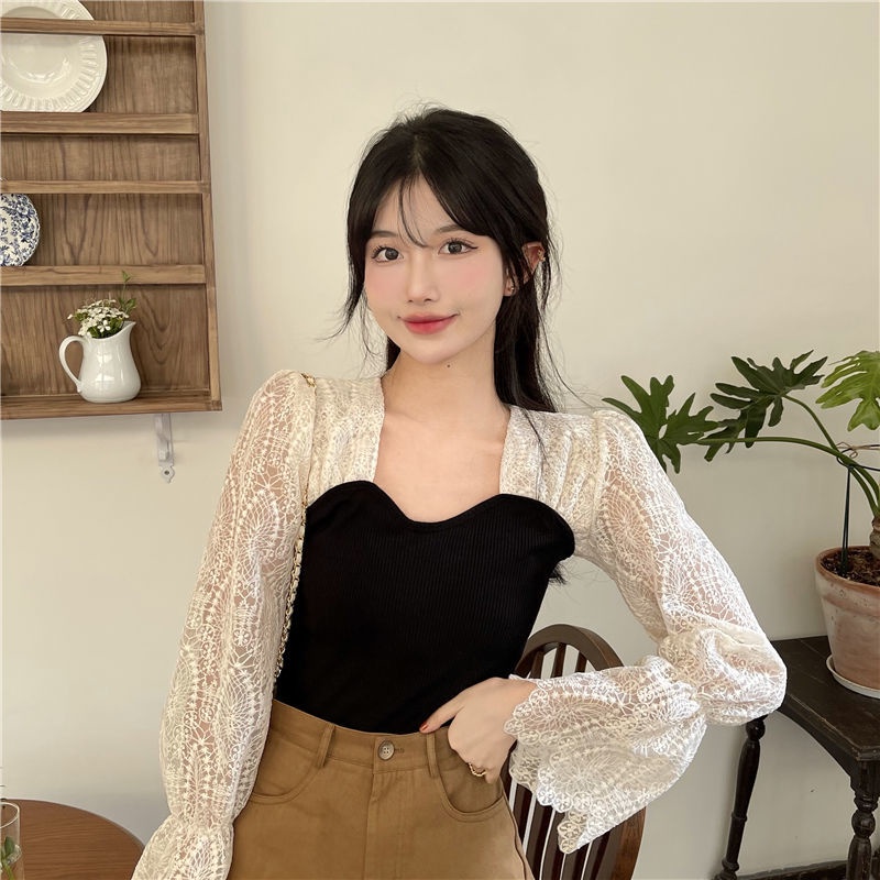 Jiashucheng Áo Thun Tay Dài Cổ Vuông Phối Ren Siêu Nữ Tính Phong Cách Mới Mùa Thu