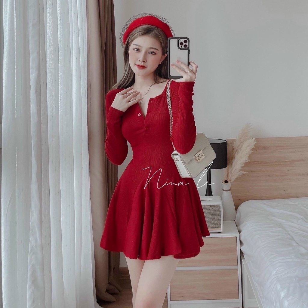 Đầm Xoè Nữ Dài Tay Cổ Phối Nút Mẫu Mới TT001