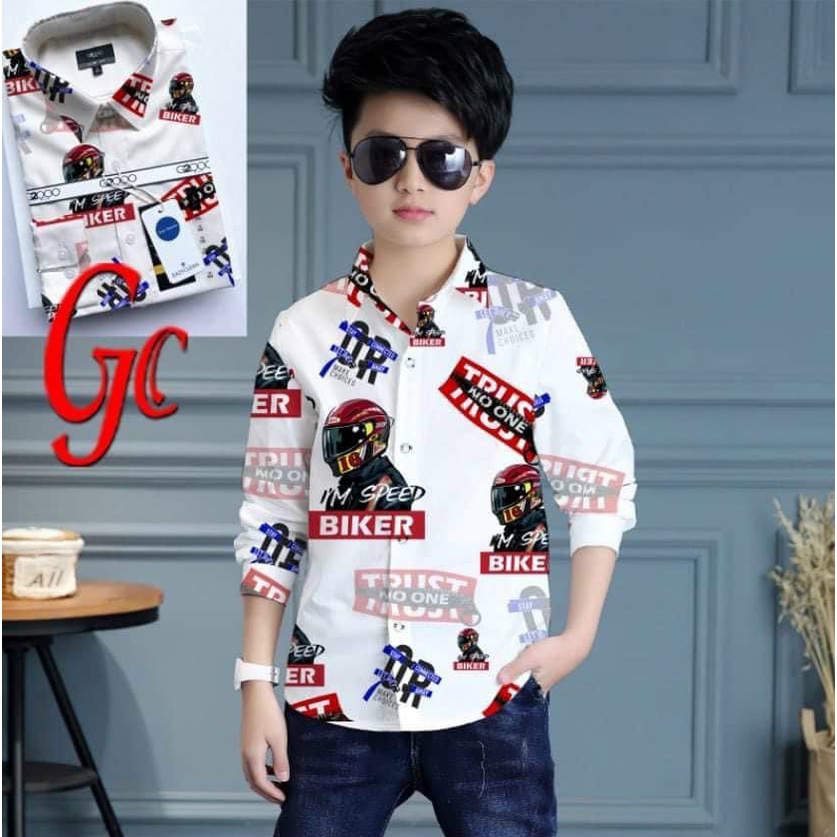 Sơ mi nam dài tay họa tiết chất lụa chống nhăn cho bé trai từ 20 đến 40kg