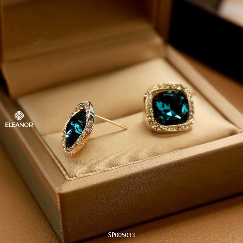 Bông tai nữ chuôi bạc 925 Eleanor Accessories hình vuông đính đá xanh phụ kiện trang sức 5033