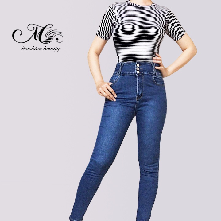Quần jean skinny nữ vải cao cấp bigsize 3 cúc lưng cao đai chéo dài 98cm co giãn tốt