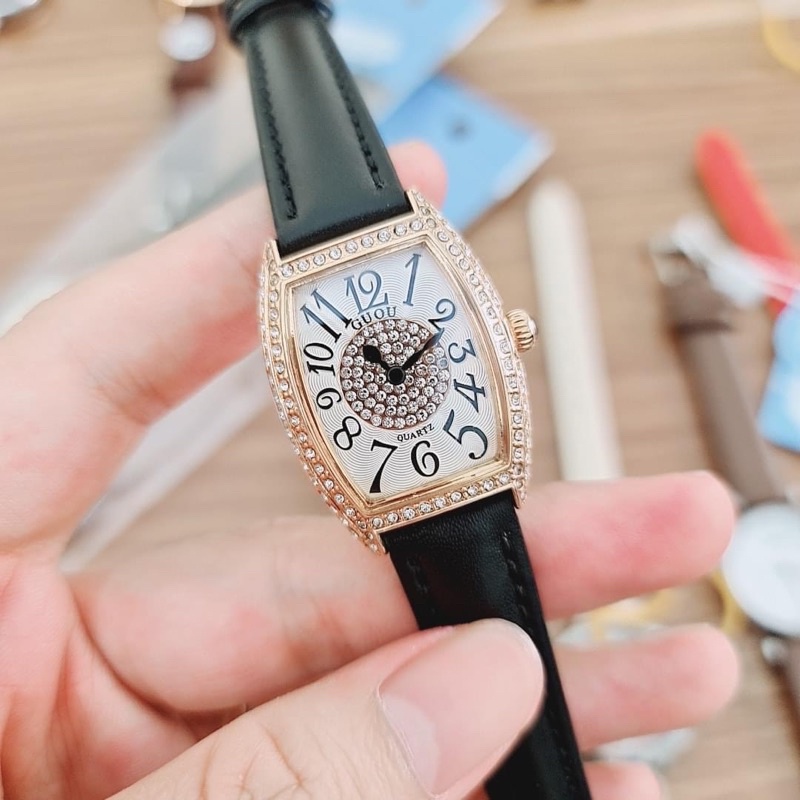 Đồng Hồ Guou Nữ Dây Da Mặt cong nhe Ôm cổ tay , Hàng Chính Hãng