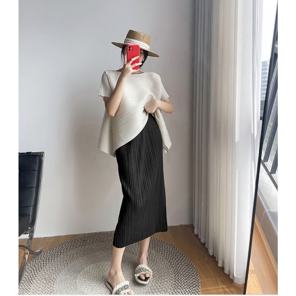 Issey Miyake Bộ Áo Sát Nách Dáng Rộng + Quần Ống Rộng Lưng Cao Thời Trang Mùa Hè Cho Nữ