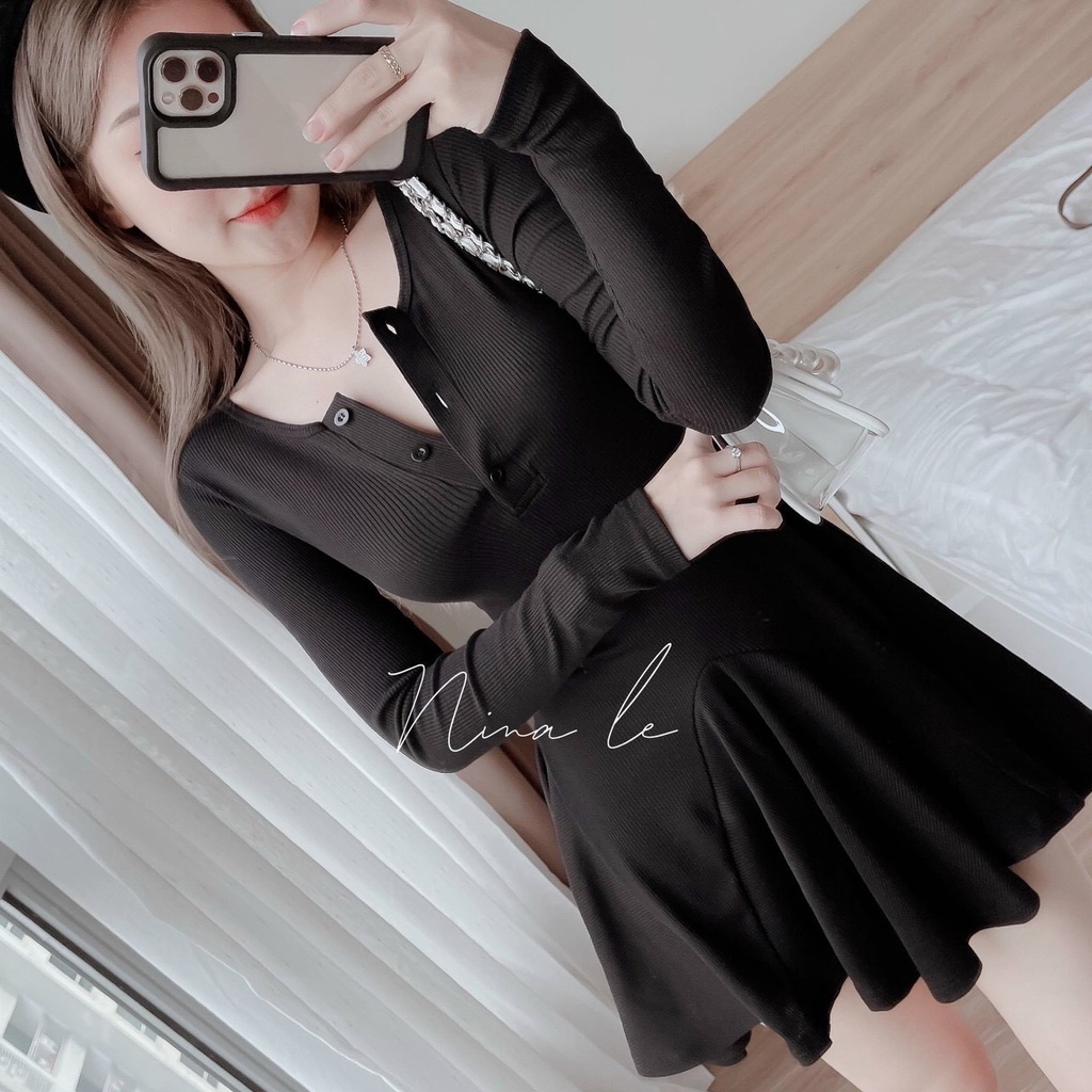 [11.11 Sale Freeship] Đầm thời trang nữ,đầm chất thun gân cổ vuông cài khuy tay dài ôm eo dáng ngắn xếp ly xiêu xinh dx