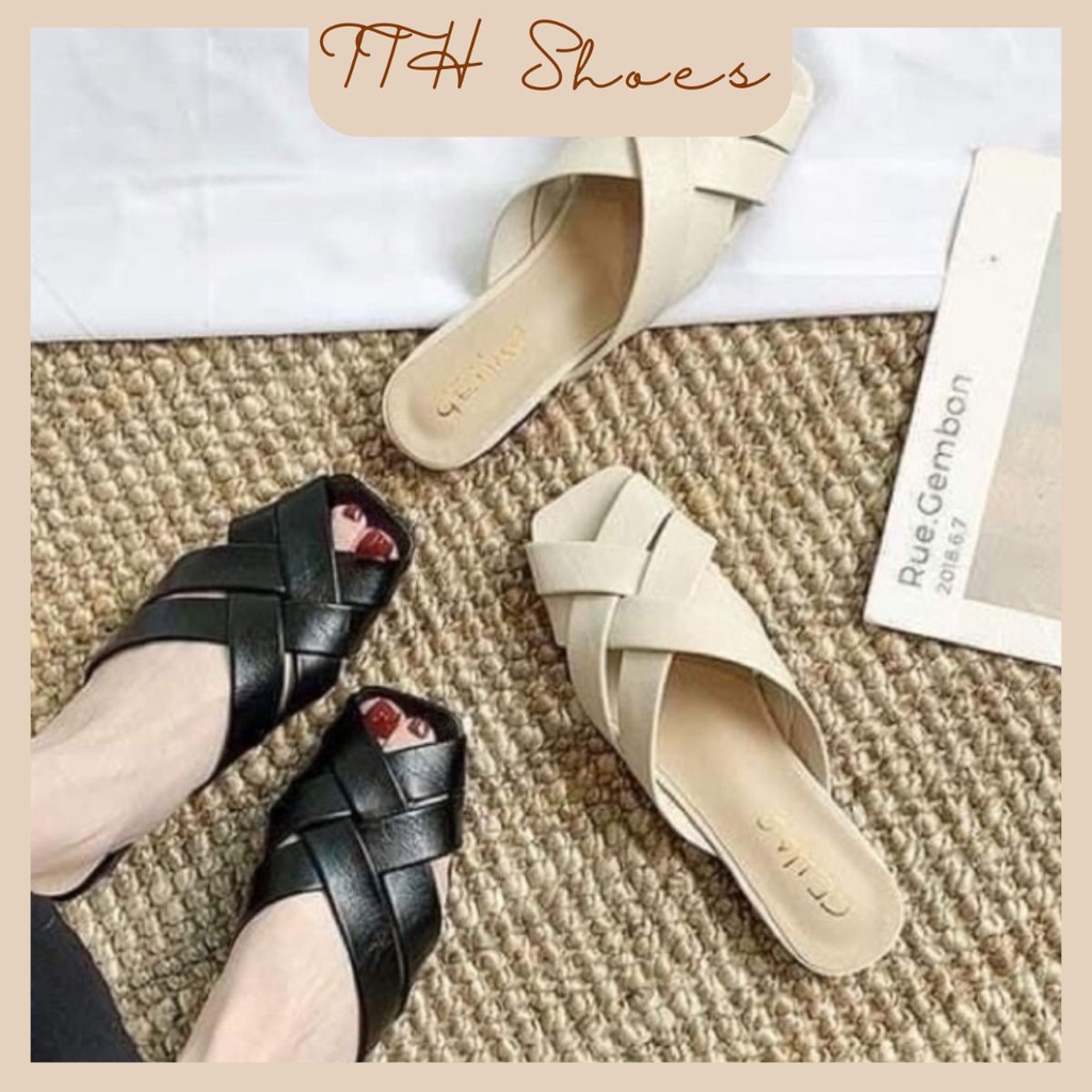 Dép sục chéo dây màu đen, trắng chất da mềm mại mang êm chân phong cách thời trang trẻ trung bigsize - TOMISHOES