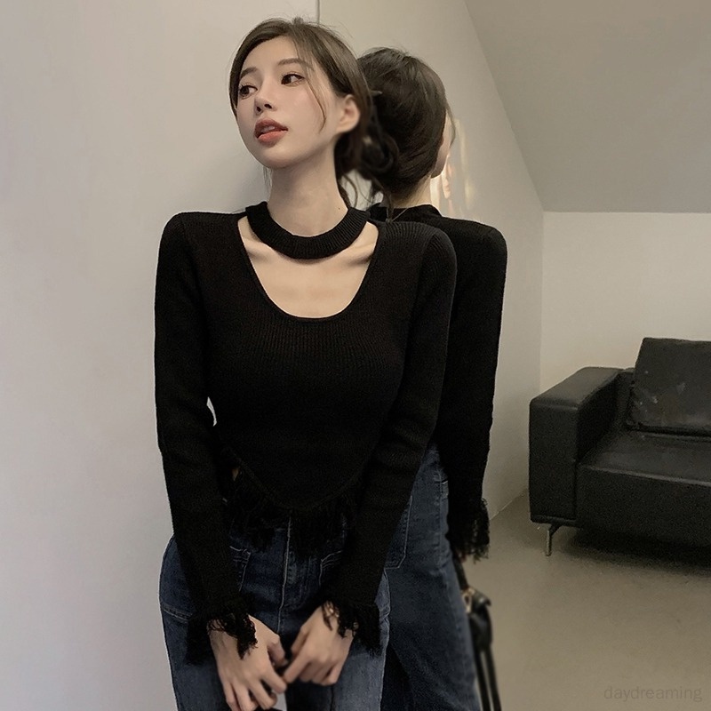 Áo Sweater Dệt Kim Phối Tua Rua Phong Cách Hàn Quốc Cho Nữ