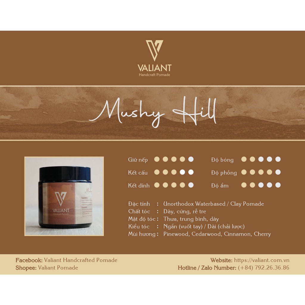 Sáp vuốt tóc Valiant - Mushy Hill - Clay Pomade - 113g