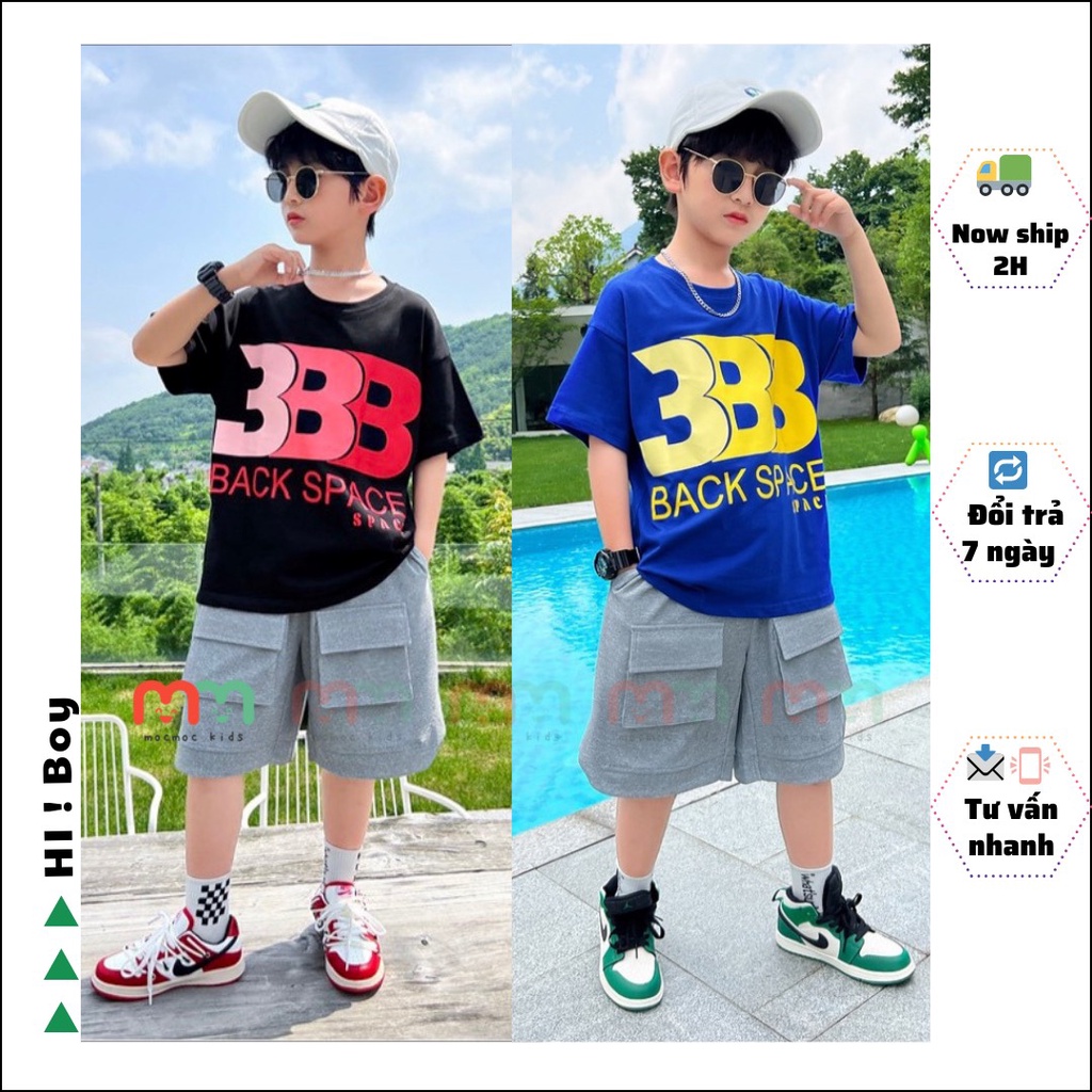 Đồ bộ bé trai túi hộp cá tính áo thun ngắn tay phối quần short thun cotton cao cấp co dãn cho bé 23kg đến 60kg