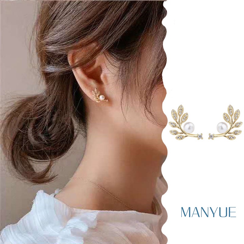 MANYUE Đôi Bông Tai Mạ Bạc 925 Hình Chiếc Lá Đính Đá Thời Trang Dành Cho Nữ