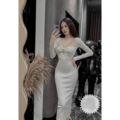 Váy body nữ 2 dây xích cúp ngực dài tay dáng dài maxi ôm body thu đông sang chảnh đi tiệc cưới Hàn Quốc