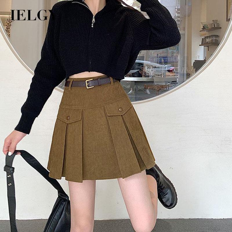 IELGY IELGY Chân Váy Nhung Kẻ Eo Cao Dáng Chữ A Xếp Li Thời Trang Dành Cho Nữ