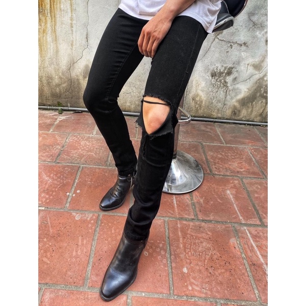 Quần jean nam co dãn đen rách to chất liệu jean cotton dày dặn mẫu mới (rách gối xẻ )