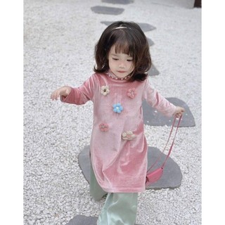 Áo dài nhung hồng/cam đính hoa kèm bờm cho bé