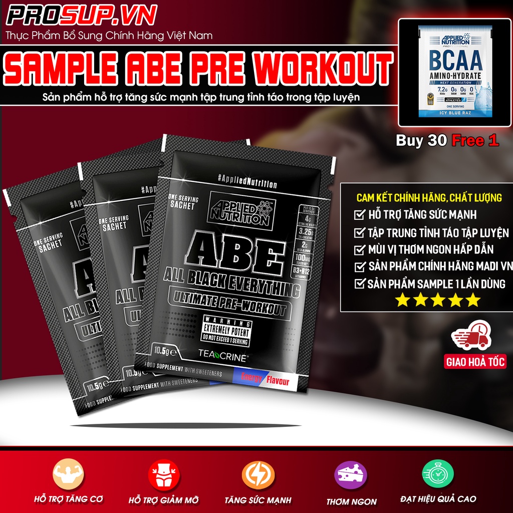 Sample ABE , Gói dùng thử pre workout ABE, Applied Nutrition ,1 Lần dùng hỗ trợ tăng sức mạnh tốt .