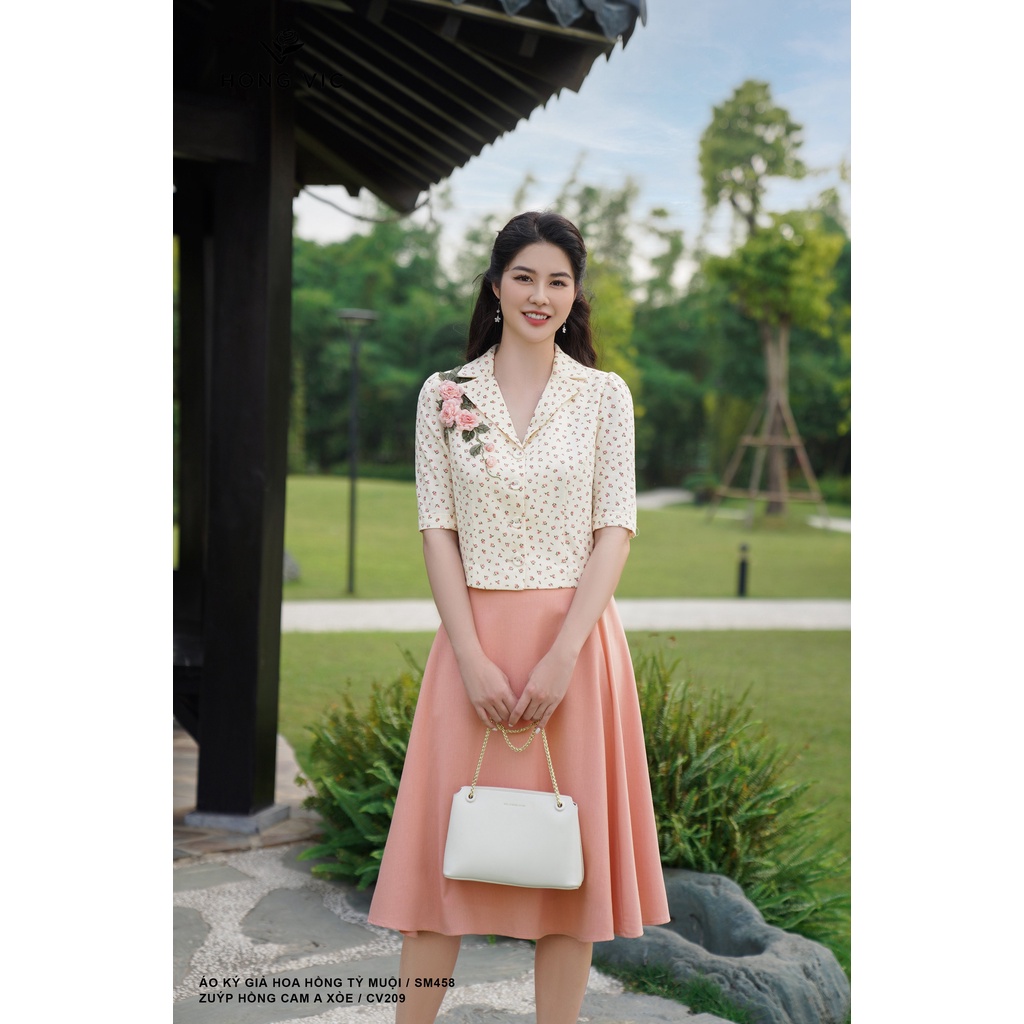 Chân váy nữ thiết kế Hong Vic hồng cam A xòe CV209