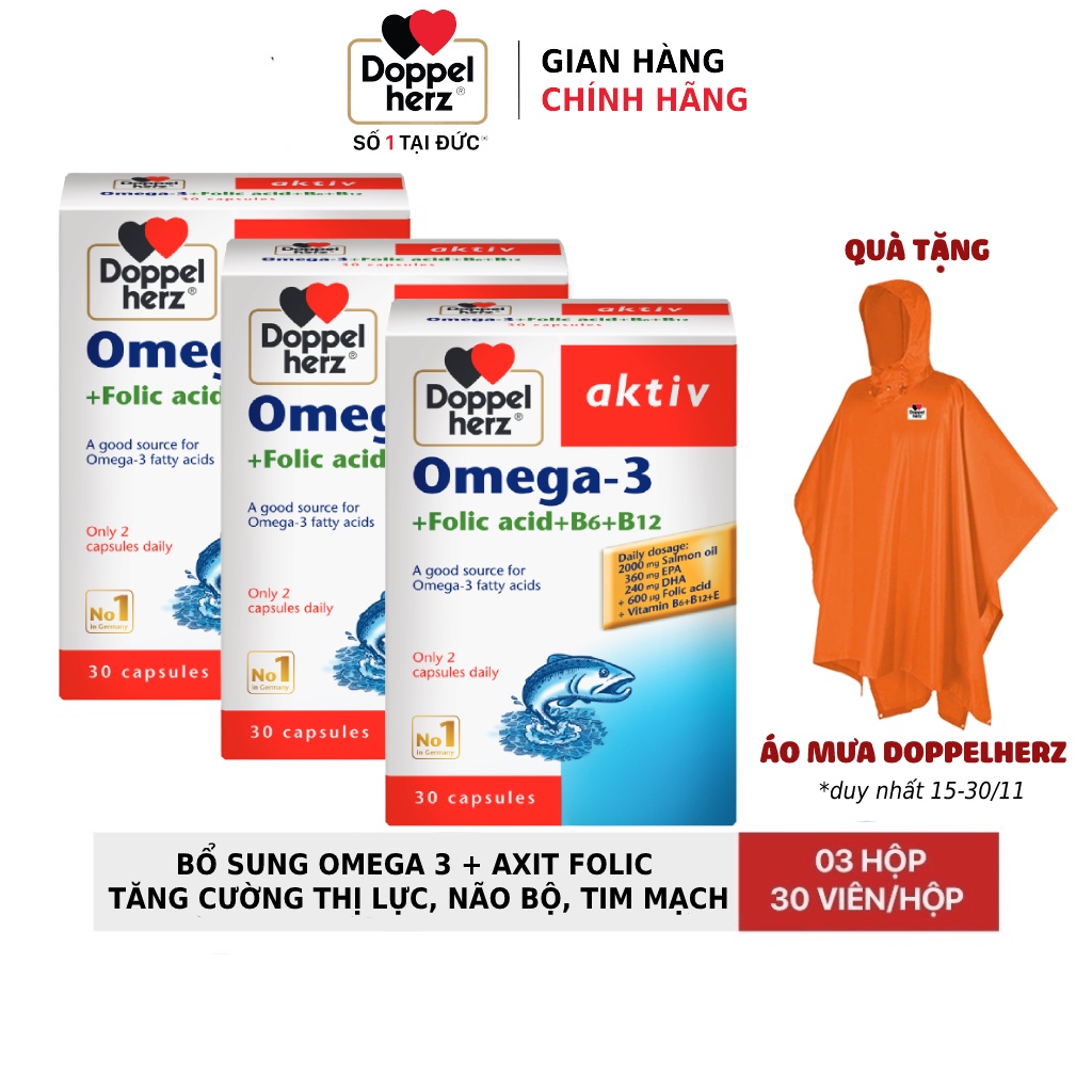 Combo 03 hộp viên uống dầu cá tăng cường thị lực, tim mạch, não bộ Doppelherz Omega 3 + Folic acid + B6 + B12 (Hộp 30v)