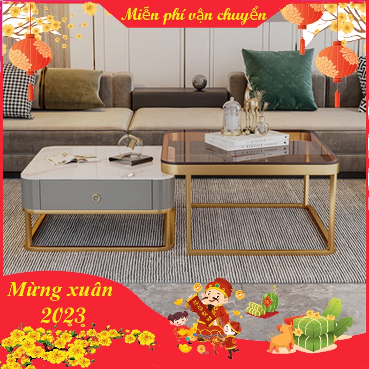 Bộ bàn sofa mặt đá vân mây kết hợp với mặt kính sang trọng. Bàn trà phòng khách cao cấp - Bảo hành 2 năm