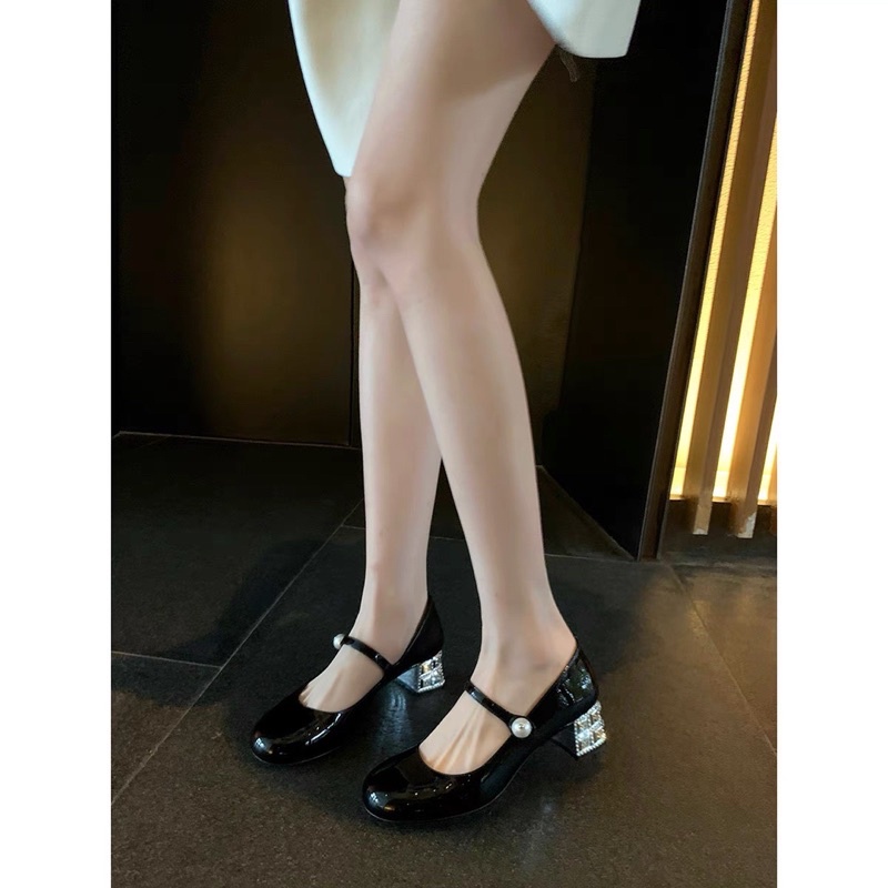 Giày nữ da bóng quai gắn hạt ngọc gót bạc Nguyên hộp hãng cao cấp