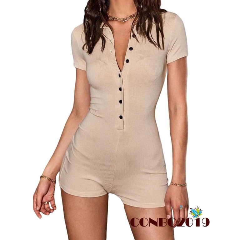 Áo liền quần Dệt Kim Tay Ngắn Cổ Bẻ Phối Nút Thời Trang Dành Cho Nữ