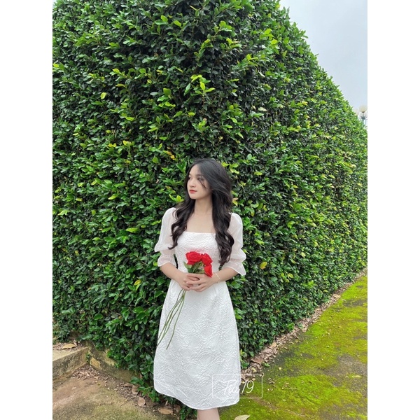 Váy trắng voan pha gấm dáng dài Tia19. Đầm pha gấm dáng dài