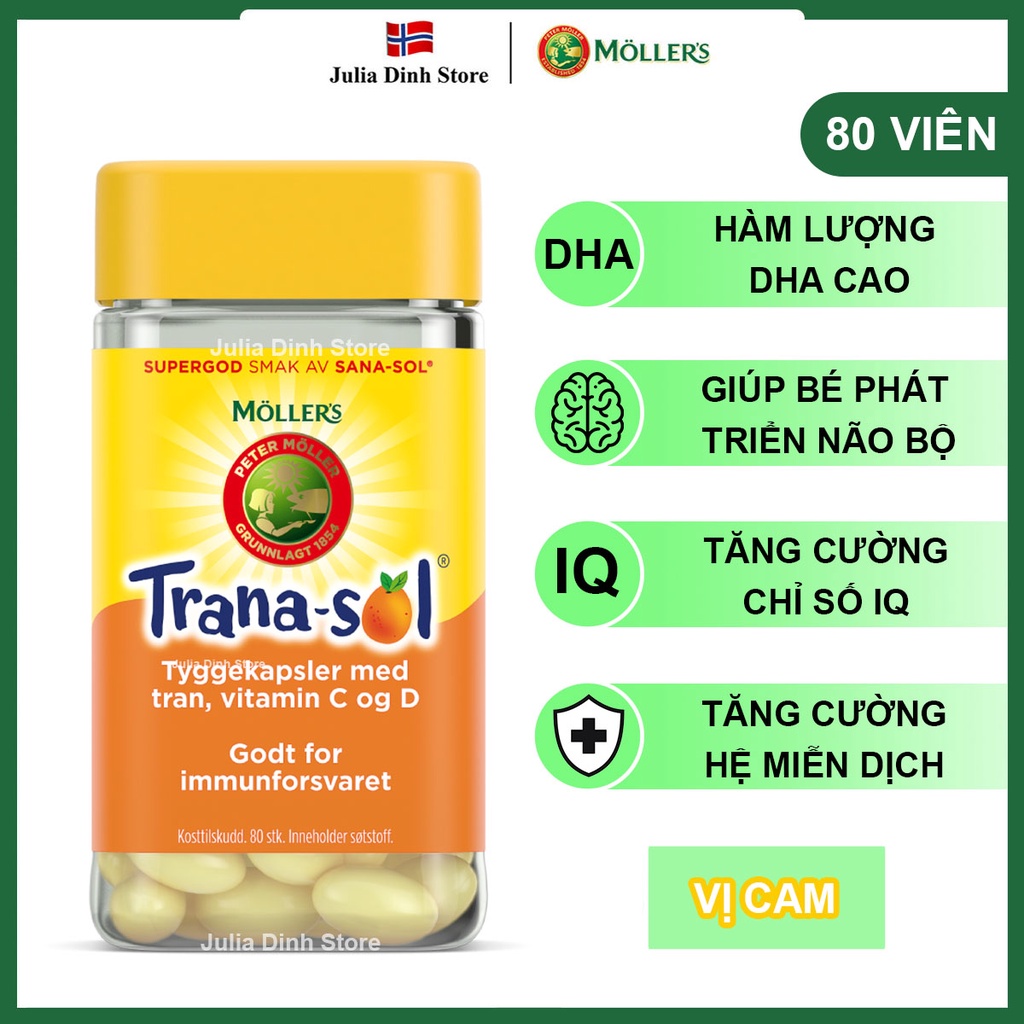 Viên nhai dầu cá bổ sung Omega 3, Vitamin A,D,E,C MOLLERS Trana-Sol nội địa Na Uy - hộp 80 viên