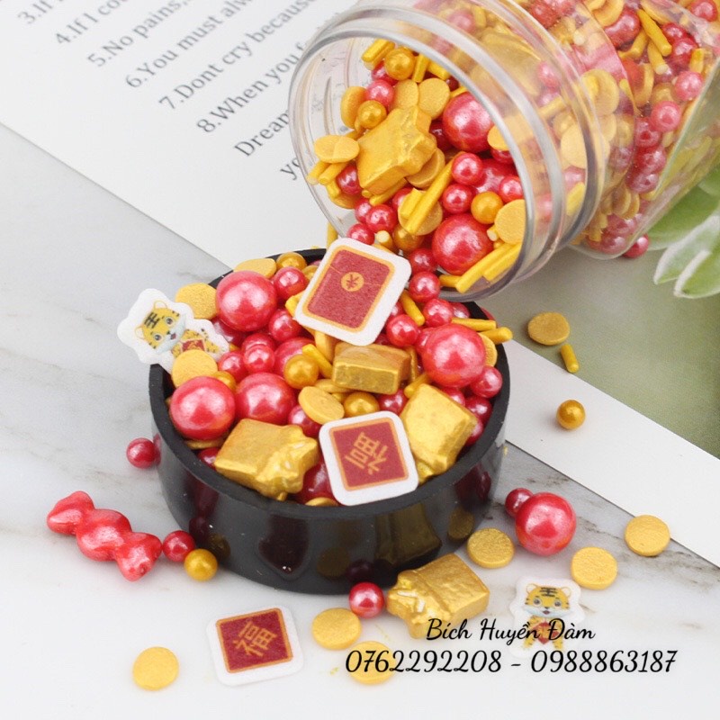 Kẹo bi đường hình ngôi sao, đồng tiền, thỏi vàng mix 2 màu đỏ, vàng trang trí bánh tết, năm mới