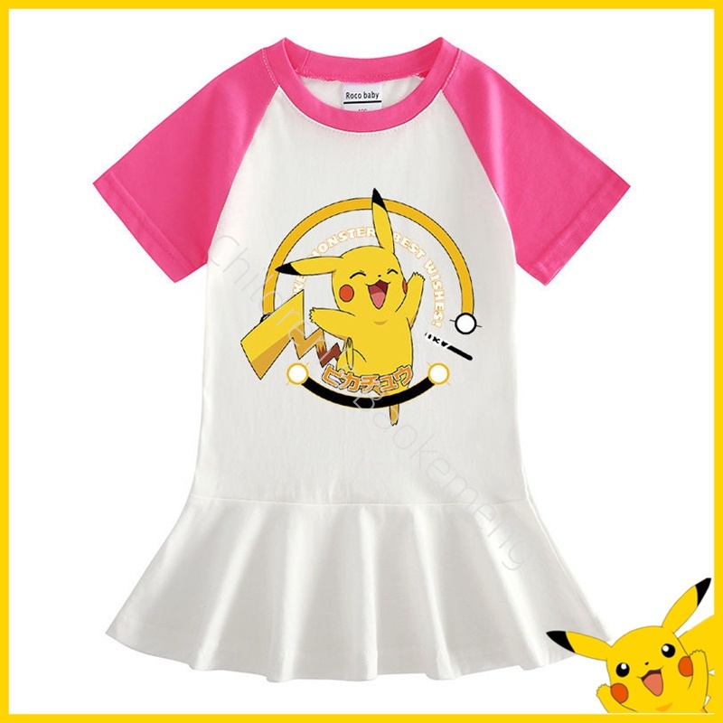 Pokemon Baokemeng Clothes Children's Dress Girls' Fashion Skirt Children's Short Sleeve Pleated Princess Dress Summer Cartoon Picchu t Shirt Girl Baby Cotton Yangqi Japanese Animation Dress