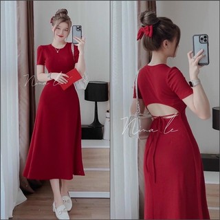 ĐẦM TAY NGẮN CỔ TRÒN HỞ LƯNG BUỘC DÂY DÁNG DÀI