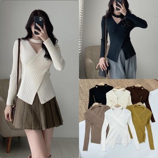 Áo len cổ v choker vạt chéo siêu hot
