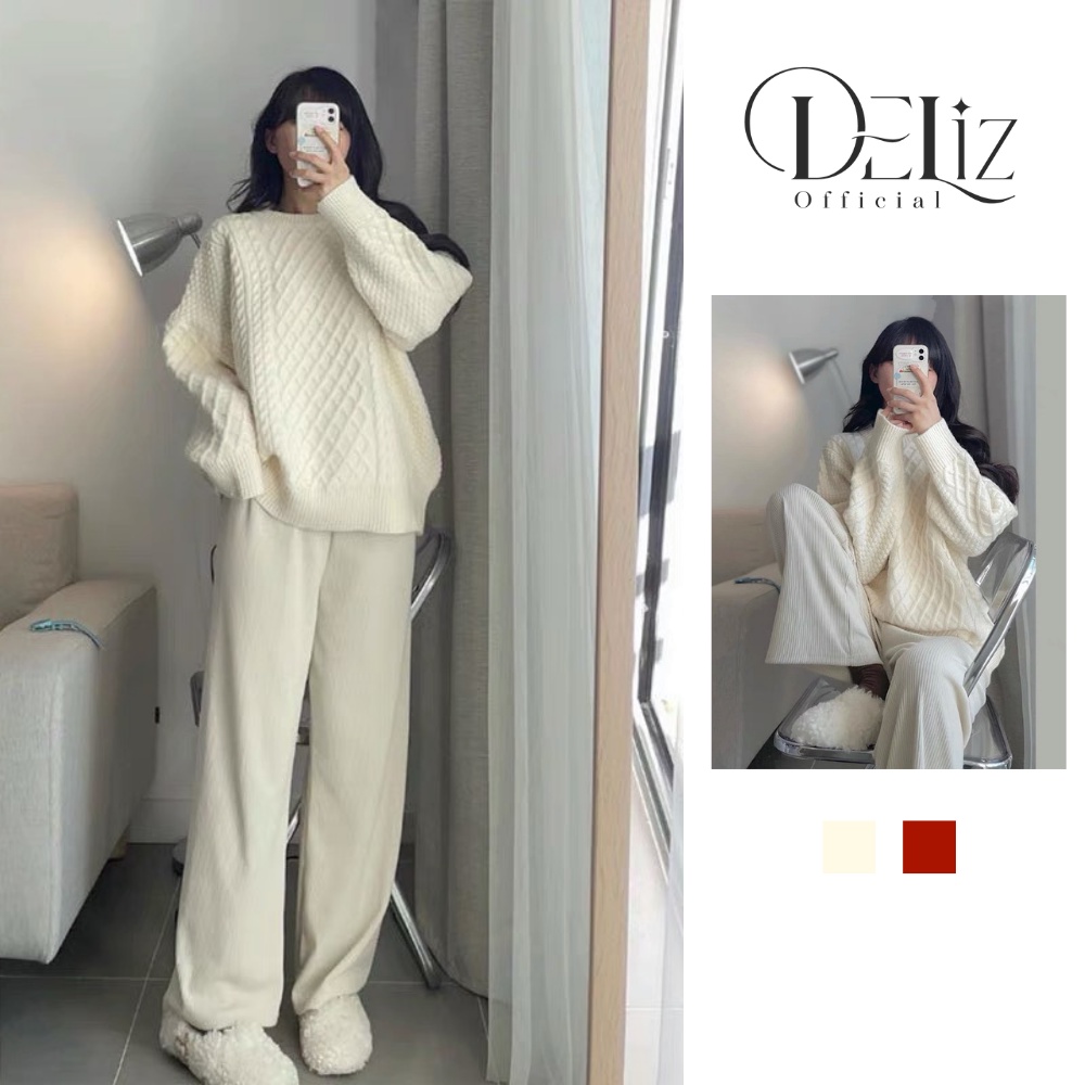 Áo len dài tay nữ màu trắng be form rộng DELIZ, áo len vặn thừng dày dặn chất len mịn loại 1