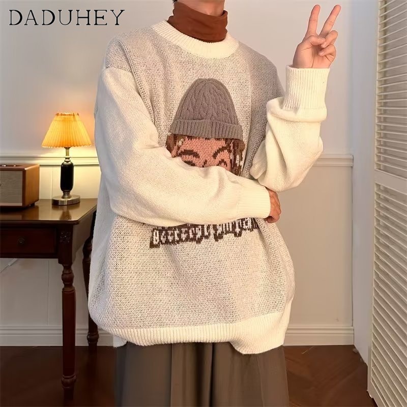 DaDuHey Men 'S Hong Kong Style 2022 Autumn Long-Sleeved Sweater Ins Trendy Fashion Loose Sweater